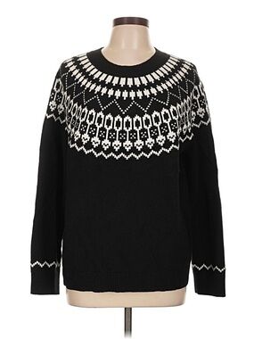 LOFT Black Crewneck Sweater with White Fair Isle Yoke